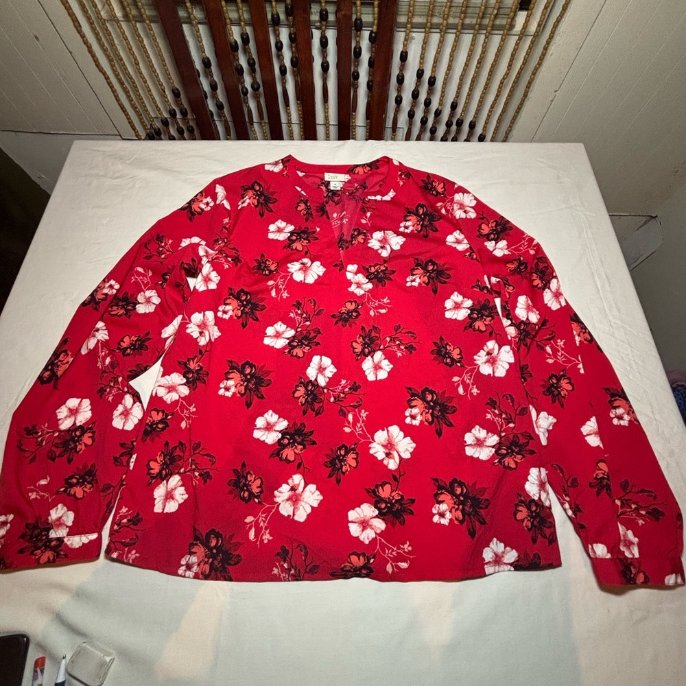 Red Floral Long Sleeve Blouse